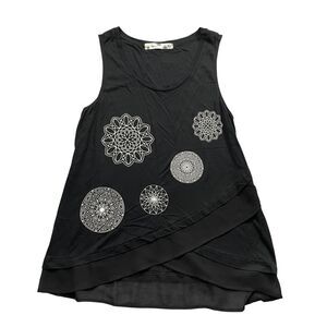 Desigual  XL Black Ladies Top Asymmetrical‎ Tunic Chiffon Hem